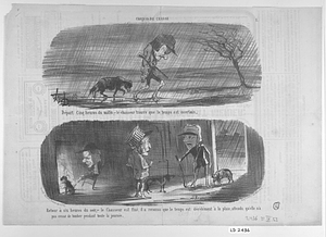 Départ Cinq heures du matin, - le chasseur trouve que le temps est incertain. --- Retour à six heures du soir, - le Chasseur est fixé, il a reconnu que le temps est décidément à la pluie, attendu qu'elle n'a pas cessé de tomber pendant toute la journée.