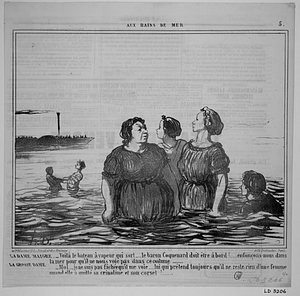 La DAME MAIGRE. - Voilà le bateau à vapeur qui sort..... le baron Coquenard doit être à bord!...... enfonçons-nous dans la mer pour qu'il ne nous voie pas dans ce costume....... LA GROSSE DAME. - Moi..., je ne suis pas fâchée qu'il me voie..... lui qui prétend toujours qu'il ne reste rien d'une femme quand elle a quitté sa crinoline et son corset!.......