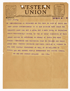 Telegram from Mr. and Mrs. Arthur Ackland to President Calvin Coolidge, August 22, 1927