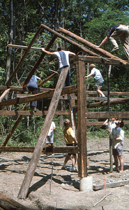 Setting rafters (2) at southern end of barn at the Moon Barn Raising at entrance to Hopkins Forest on 2 August 1975.