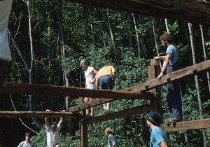 Western girt being positioned at the Moon Barn Raising at entrance to Hopkins Forest on 2 August 1975.