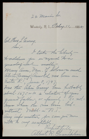 Albert R. Champlin to Thomas Lincoln Casey, February 11, 1884