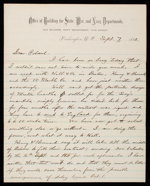 Bernard R. Green to Thomas Lincoln Casey, September 7, 1882