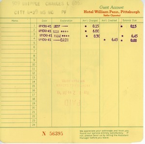 Receipt from Hotel William Penn to Charles L. Whipple