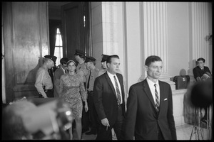 Civil liberties attorney Beverly Axelrod (center) exiting from the Cannon Office Building at the House Un-American Activities Committee inquiry into New Left activism after arrest of Arthur Kinoy