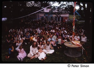 Large gathering in front of the communal house, Tree Frog Farm commune