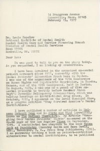 Letter from Judi Chamberlin to Dr. Louis E. Kopolow