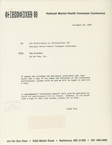 Letter from Peg McCusker to all participants at Alternatives '85