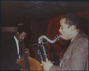 Eric Dolphy (saxophone) and unidentified (bass), performong at the Jazz Workshop