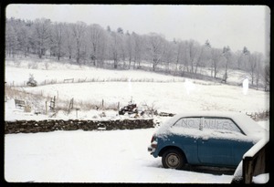 Snow-covered car with 'No Nukes' written on windows, Montague Farm Commune