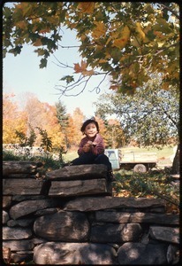 Young child seated on a stone wall, Montague Farm Commune