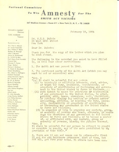 Letter from National Committee to Win Amnesty for Smith Act Victims to W. E. B. Du Bois