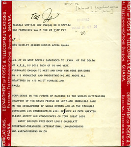 Telegram from International Longshoremen’s Union to Shirley Graham Du Bois