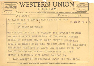 Telegram from Tass Agency to W. E. B. Du Bois