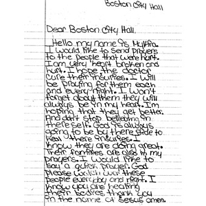 Letter to the city of Boston from a student at Jasper Junior High School (Jasper, Texas)