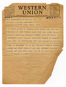 Telegram from Walter W. Liggett to National Citizens Committee for Sacco and Vanzetti, August 22, 1927