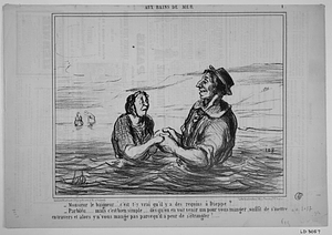 - Monsieur le baigneur..... c'est t'-y vrai qu'il ya des requins à Dieppe?.... - Parbleu....... mais c'est bien simple.... dès qu'on en voit venir un pour vous manger, suffit de s'mettre en travers et alors y n'vous mange pas parce quil a peur de s'étrangler!.....