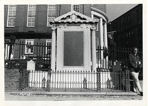 Man standing next to Boston Common Tablet, Boston Common