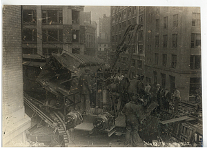 Beach Street Station accident, view from tracks of cars and crane