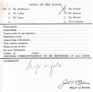 Memorandum from Thomas B. Francis, Executive Secretary of the Committee for Civic Unity to Mayor John Collins