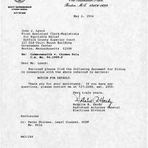 Letter from Natalie R. Hardy, Assistant Attorney General of Massachusetts, Elections Division, to John J. Lynch, First Assistant Clerk-Magistrate for Equitable Relief at Suffolk County Superior Court, enclosing a document requesting a default judgement against Carmen Pola