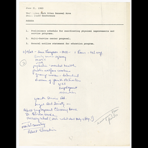 Agenda for joint staff conference on June 21, 1963 with notes and memorandum about planning for totlot