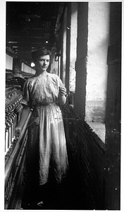 One female textile worker at a spinning frame. [05]