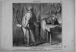 Le DÉSESPOIR DES BOUCHERS. - Dire que prochainement le premier venu pourra s'établir boucher!...... ah!.... il y a des moments où j'ai envie de me servir de mon couperet pour me fendre en deux comme un simple veau!......