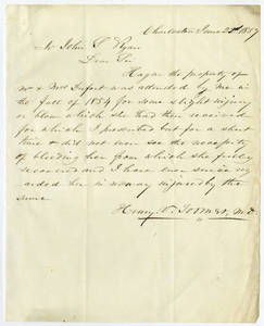 Letter by Henry V. Toomer, M.D., Charleston, to John S. Ryan