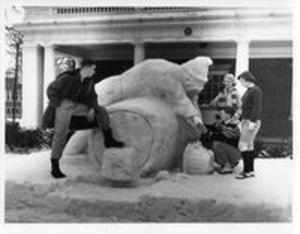 Students working on snow sculpture, 1958