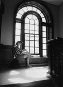 Studying at the windowseat in Stetson Hall's south staircase