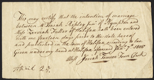 Marriage Intention of Isaiah Ripley, Jr. of Plympton, Massachusetts and Zerviah Fuller, 1803 (1805)
