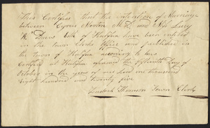 Marriage Intention of Cyrus Morton, MD and Lucy W. Drew, 1825