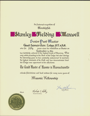 Senior Past Master fifty-year certificate for Stanley Fielding Maxwell