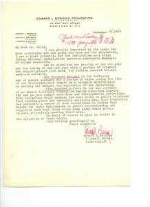 Letter from Edward L. Bernays to Suffolk University President Dennis C. Haley regarding Bernays financials support for the Bernays Lecture series to be hosted at the university.
