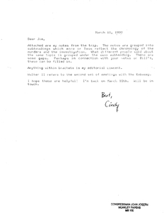 Report to John Joseph Moakley from Cindy Buhl regarding her notes on the El Salvador Task Force trip, 11 March 1990