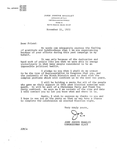 Thank you letter from John Joseph Moakley to "friends" upon election to congress