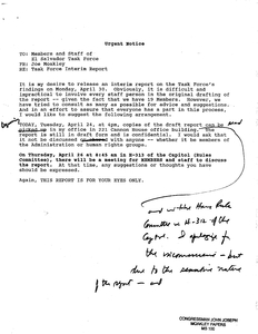 Urgent notice memorandum from John Joseph Moakley to members and staff of the El Salvador Task Force regarding the Task Force Interim Report, 24 April 1990