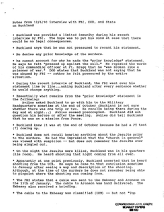 Notes from interview with Federal Bureau of Investigation (FBI), Department of Defense (DOD), and State regarding U.S. Major Eric Buckland's prior knowledge statement on the Jesuit murders, 6 December 1990