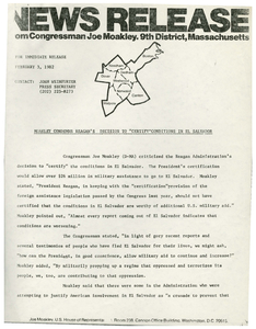 News Release from Congressman John Joseph Moakley, "Moakley Condemns Reagan's Decision to 'Certify' Conditions in El Salvador"