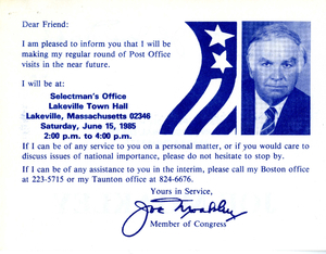 Postcard announcing Congressman John Joseph Moakley's Post Office visit schedule