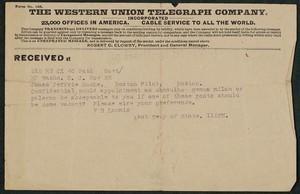 Telegram, approximately, November 22, 1915, Theodore Roosevelt to James Jeffrey Roche