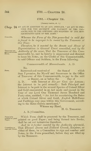 1781 Chap. 0024 An Act In Addition To An Act, Intitled, "An Act To Provide For The Security And Payment Of The Balances Due To The Officers And Soldiers Of The Massachusetts Line Of The Army."