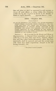 1803 Chap. 0161 An Act To Apportion And Assess A Tax Of One Hundred & Thirty Three Thousand, Three Hundred & Two Dollars, And Fifty Two Cents, And Providing For The Reimbursement Of Twenty Three Thousand Seven Hundred, And Eighty Two Dollars, Paid Out Of The Public Treasury, To The Members Of The House Of Representatives, For Their Attendance The Two Last Sessions Of The General Court.