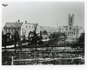 Commonwealth Avenue entrance with Saint Mary's Hall, Gasson Hall, and Devlin Hall under construction