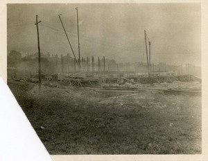 Saint Mary's Hall exterior during construction with materials and power lines