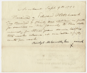 Edward Hitchcock receipt of payment to Bridget McConville, 1853