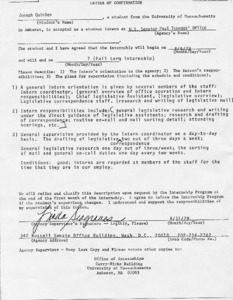 Form letter of confirmation that Joseph Quinlan is accepted as a student intern at U. S. Senator Paul Tsongas' office