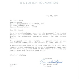 Correspondence with the Boston Foundation concerning a grant proposal for funding the Chinese Progressive Association Workers' Center, accompanied by supporting application documents