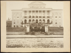 Group portrait of Massachusetts Governor Roger Wolcott, members of Wolcott's family and staff, and unidentified men and women in attendance at the State House's reception of the First Regiment as it travels to Fort Warren